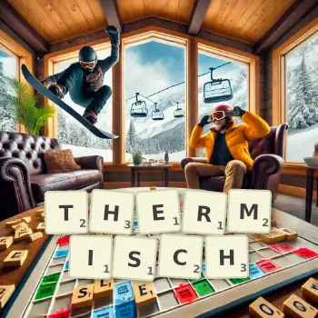 Kreative Illustration für ein Scrabble-Spiel, bei dem das Wort THERMISCH mit Steinen auf dem Brett gelegt wurde.
