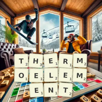 Kreative Illustration für ein Scrabble-Spiel, bei dem das Wort THERMOELEMENT mit Steinen auf dem Brett gelegt wurde.