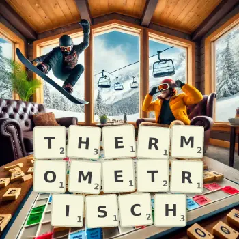 Kreative Illustration für ein Scrabble-Spiel, bei dem das Wort THERMOMETRISCH mit Steinen auf dem Brett gelegt wurde.