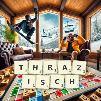 Kreative Illustration für ein Scrabble-Spiel, bei dem das Wort THRAZISCH mit Steinen auf dem Brett gelegt wurde.