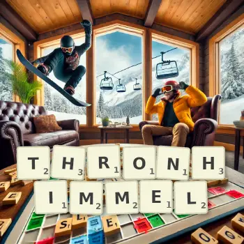Kreative Illustration für ein Scrabble-Spiel, bei dem das Wort THRONHIMMEL mit Steinen auf dem Brett gelegt wurde.
