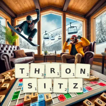 Kreative Illustration für ein Scrabble-Spiel, bei dem das Wort THRONSITZ mit Steinen auf dem Brett gelegt wurde.