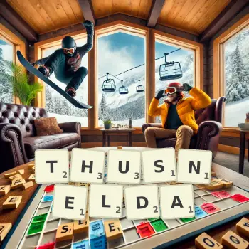 Kreative Illustration für ein Scrabble-Spiel, bei dem das Wort THUSNELDA mit Steinen auf dem Brett gelegt wurde.