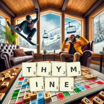 Kreative Illustration für ein Scrabble-Spiel, bei dem das Wort THYMINE mit Steinen auf dem Brett gelegt wurde.