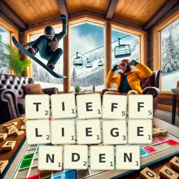 Kreative Illustration für ein Scrabble-Spiel, bei dem das Wort TIEFFLIEGENDEN mit Steinen auf dem Brett gelegt wurde.