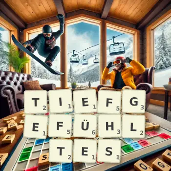 Kreative Illustration für ein Scrabble-Spiel, bei dem das Wort TIEFGEFÜHLTES mit Steinen auf dem Brett gelegt wurde.