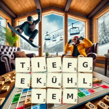 Kreative Illustration für ein Scrabble-Spiel, bei dem das Wort TIEFGEKÜHLTEM mit Steinen auf dem Brett gelegt wurde.