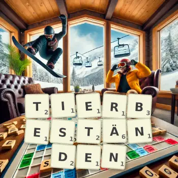Kreative Illustration für ein Scrabble-Spiel, bei dem das Wort TIERBESTÄNDEN mit Steinen auf dem Brett gelegt wurde.