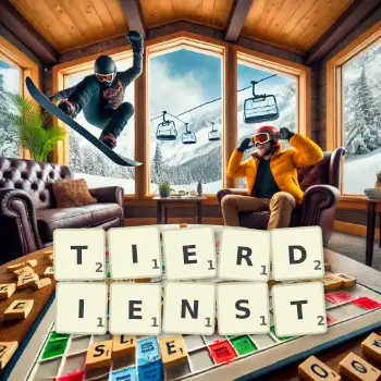 Kreative Illustration für ein Scrabble-Spiel, bei dem das Wort TIERDIENST mit Steinen auf dem Brett gelegt wurde.