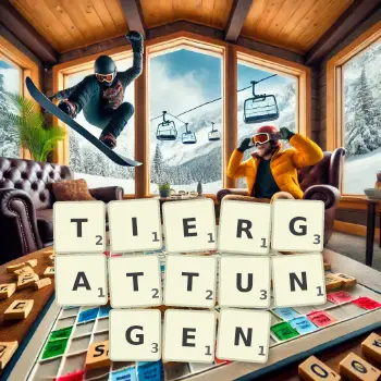 Kreative Illustration für ein Scrabble-Spiel, bei dem das Wort TIERGATTUNGEN mit Steinen auf dem Brett gelegt wurde.