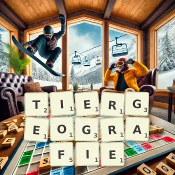 Kreative Illustration für ein Scrabble-Spiel, bei dem das Wort TIERGEOGRAFIE mit Steinen auf dem Brett gelegt wurde.