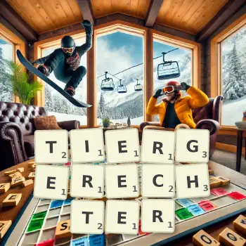 Kreative Illustration für ein Scrabble-Spiel, bei dem das Wort TIERGERECHTER mit Steinen auf dem Brett gelegt wurde.