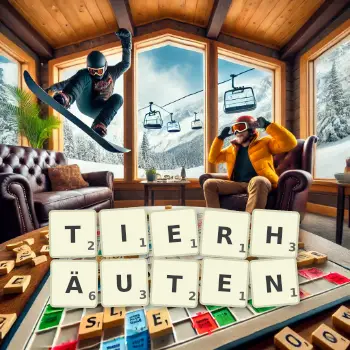 Kreative Illustration für ein Scrabble-Spiel, bei dem das Wort TIERHÄUTEN mit Steinen auf dem Brett gelegt wurde.