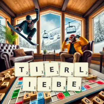 Kreative Illustration für ein Scrabble-Spiel, bei dem das Wort TIERLIEBE mit Steinen auf dem Brett gelegt wurde.