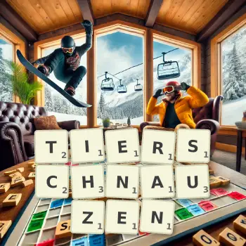Kreative Illustration für ein Scrabble-Spiel, bei dem das Wort TIERSCHNAUZEN mit Steinen auf dem Brett gelegt wurde.