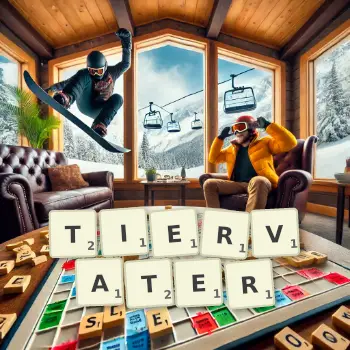 Kreative Illustration für ein Scrabble-Spiel, bei dem das Wort TIERVATER mit Steinen auf dem Brett gelegt wurde.