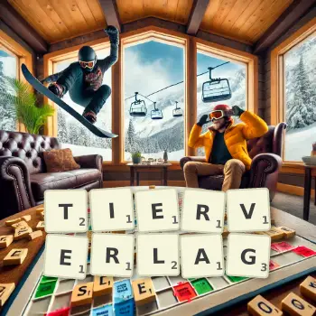 Kreative Illustration für ein Scrabble-Spiel, bei dem das Wort TIERVERLAG mit Steinen auf dem Brett gelegt wurde.