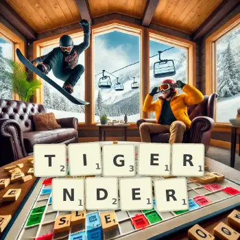Kreative Illustration für ein Scrabble-Spiel, bei dem das Wort TIGERNDER mit Steinen auf dem Brett gelegt wurde.