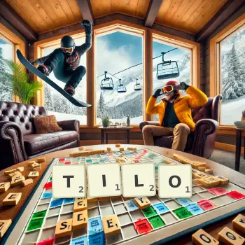 Kreative Illustration für ein Scrabble-Spiel, bei dem das Wort TILO mit Steinen auf dem Brett gelegt wurde.