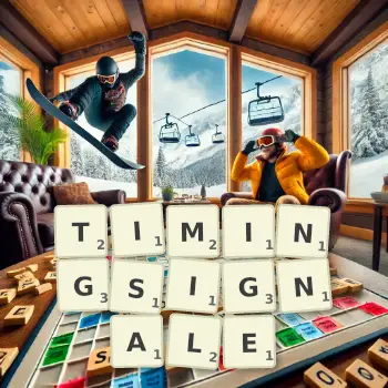 Kreative Illustration für ein Scrabble-Spiel, bei dem das Wort TIMINGSIGNALE mit Steinen auf dem Brett gelegt wurde.