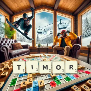 Kreative Illustration für ein Scrabble-Spiel, bei dem das Wort TIMOR mit Steinen auf dem Brett gelegt wurde.