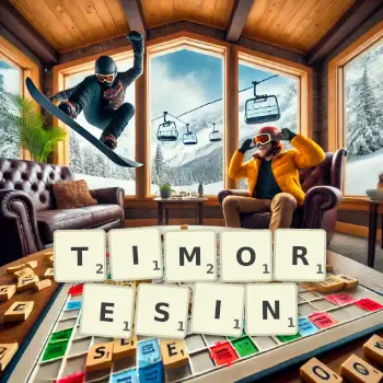 Kreative Illustration für ein Scrabble-Spiel, bei dem das Wort TIMORESIN mit Steinen auf dem Brett gelegt wurde.