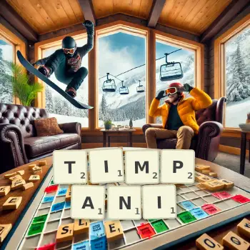 Kreative Illustration für ein Scrabble-Spiel, bei dem das Wort TIMPANI mit Steinen auf dem Brett gelegt wurde.