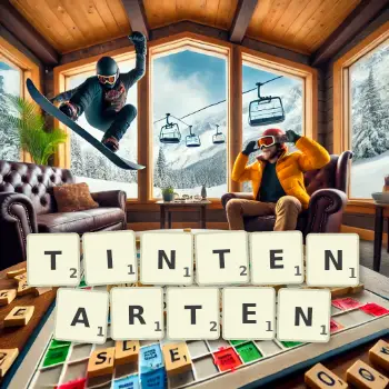 Kreative Illustration für ein Scrabble-Spiel, bei dem das Wort TINTENARTEN mit Steinen auf dem Brett gelegt wurde.