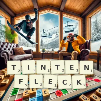 Kreative Illustration für ein Scrabble-Spiel, bei dem das Wort TINTENFLECK mit Steinen auf dem Brett gelegt wurde.