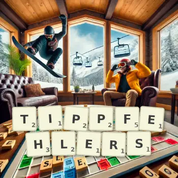 Kreative Illustration für ein Scrabble-Spiel, bei dem das Wort TIPPFEHLERS mit Steinen auf dem Brett gelegt wurde.
