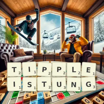 Kreative Illustration für ein Scrabble-Spiel, bei dem das Wort TIPPLEISTUNG mit Steinen auf dem Brett gelegt wurde.