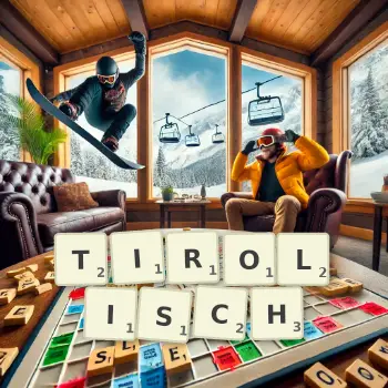 Kreative Illustration für ein Scrabble-Spiel, bei dem das Wort TIROLISCH mit Steinen auf dem Brett gelegt wurde.