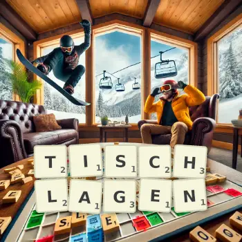Kreative Illustration für ein Scrabble-Spiel, bei dem das Wort TISCHLAGEN mit Steinen auf dem Brett gelegt wurde.