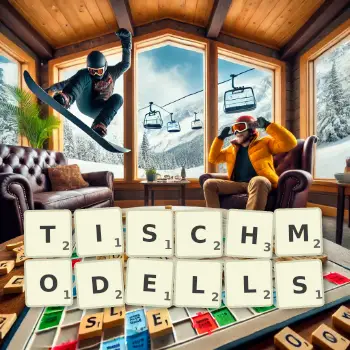 Kreative Illustration für ein Scrabble-Spiel, bei dem das Wort TISCHMODELLS mit Steinen auf dem Brett gelegt wurde.