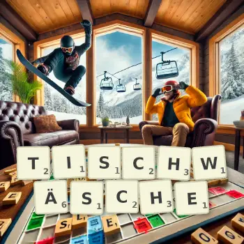Kreative Illustration für ein Scrabble-Spiel, bei dem das Wort TISCHWÄSCHE mit Steinen auf dem Brett gelegt wurde.