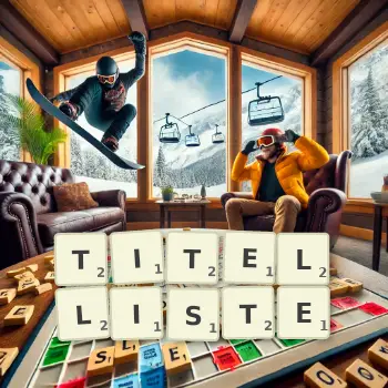 Kreative Illustration für ein Scrabble-Spiel, bei dem das Wort TITELLISTE mit Steinen auf dem Brett gelegt wurde.