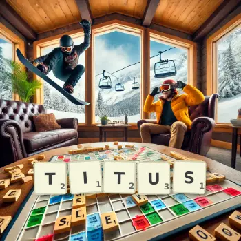 Kreative Illustration für ein Scrabble-Spiel, bei dem das Wort TITUS mit Steinen auf dem Brett gelegt wurde.