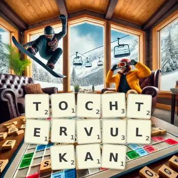 Kreative Illustration für ein Scrabble-Spiel, bei dem das Wort TOCHTERVULKAN mit Steinen auf dem Brett gelegt wurde.