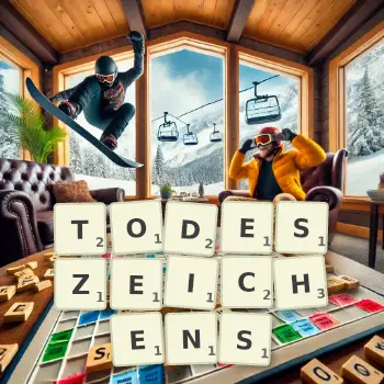 Kreative Illustration für ein Scrabble-Spiel, bei dem das Wort TODESZEICHENS mit Steinen auf dem Brett gelegt wurde.