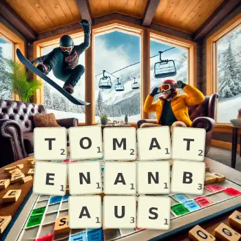 Kreative Illustration für ein Scrabble-Spiel, bei dem das Wort TOMATENANBAUS mit Steinen auf dem Brett gelegt wurde.