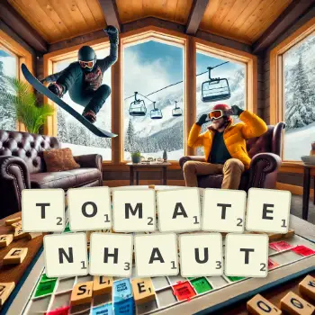 Kreative Illustration für ein Scrabble-Spiel, bei dem das Wort TOMATENHAUT mit Steinen auf dem Brett gelegt wurde.