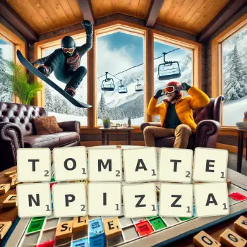 Kreative Illustration für ein Scrabble-Spiel, bei dem das Wort TOMATENPIZZA mit Steinen auf dem Brett gelegt wurde.