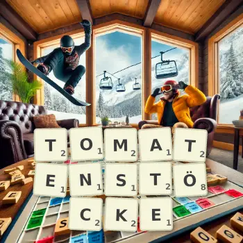 Kreative Illustration für ein Scrabble-Spiel, bei dem das Wort TOMATENSTÖCKE mit Steinen auf dem Brett gelegt wurde.