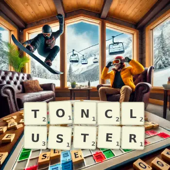 Kreative Illustration für ein Scrabble-Spiel, bei dem das Wort TONCLUSTER mit Steinen auf dem Brett gelegt wurde.