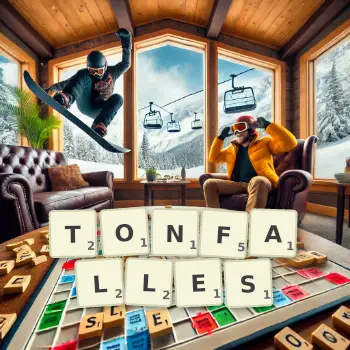Kreative Illustration für ein Scrabble-Spiel, bei dem das Wort TONFALLES mit Steinen auf dem Brett gelegt wurde.