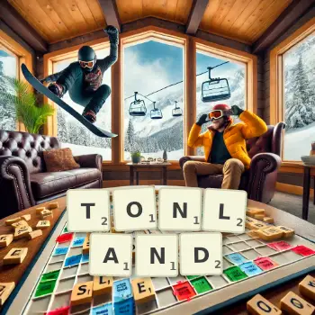 Kreative Illustration für ein Scrabble-Spiel, bei dem das Wort TONLAND mit Steinen auf dem Brett gelegt wurde.