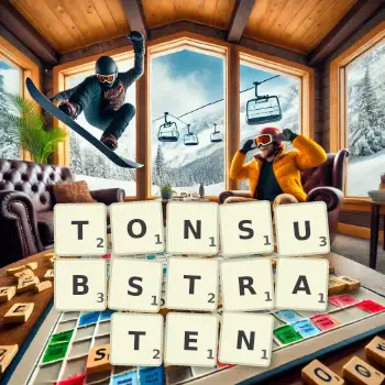 Kreative Illustration für ein Scrabble-Spiel, bei dem das Wort TONSUBSTRATEN mit Steinen auf dem Brett gelegt wurde.