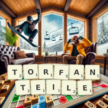 Kreative Illustration für ein Scrabble-Spiel, bei dem das Wort TORFANTEILE mit Steinen auf dem Brett gelegt wurde.