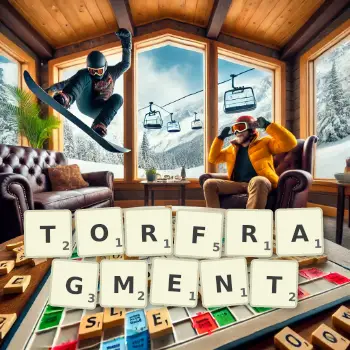Kreative Illustration für ein Scrabble-Spiel, bei dem das Wort TORFRAGMENT mit Steinen auf dem Brett gelegt wurde.