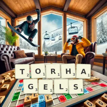 Kreative Illustration für ein Scrabble-Spiel, bei dem das Wort TORHAGELS mit Steinen auf dem Brett gelegt wurde.